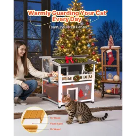 VEVOR Insulated Cat House, 2-Story Wooden Cat Shelter, Foam Insulation, Feral Kitty Shelter with Balcony, Waterproof Cats Condos