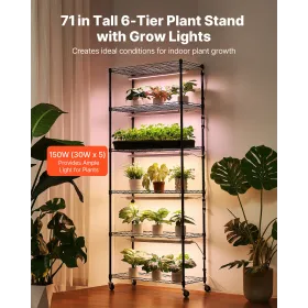 VEVOR Plantehylde med Grow Light, 6-trins indendørs plantestativ, 180 cm høj Plante Display Reol med hjul og 4/9/14H timer,