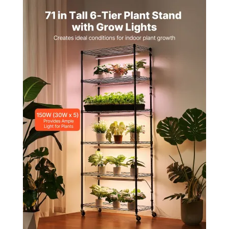 VEVOR Plantehylde med Grow Light, 6-trins indendørs plantestativ, 180 cm høj Plante Display Reol med hjul og 4/9/14H timer,