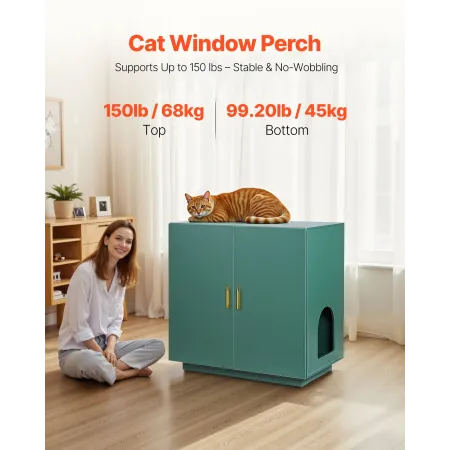 Cat Litter Box Enclosure, 80 cm Hidden Litter Box Cabinet, Wooden Indoor Cat Washroom with Ventilated Holes, Double-Door Kitty P