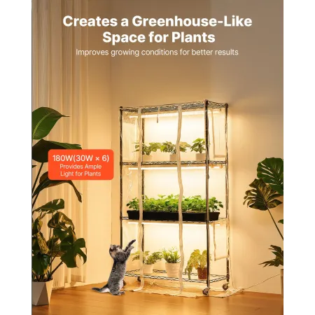 VEVOR Indoor Greenhouse with Grow Light, 150cm Tall 4-Tier Plant Stand with Clear Cover, Timer & Hygrometer, 180W Full Spectrum 