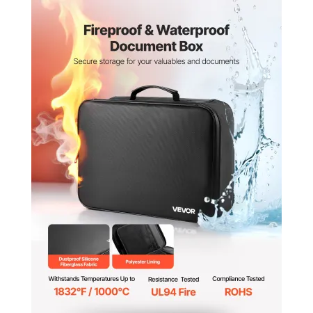 Fireproof Document Box, 1000 ℃ Heat Insulated Fireproof & Waterproof Box with Lock, Portable Multi-Layer Home Office Travel File