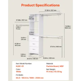 VEVOR Closet System with 3 Drawers, Adjustable Height Wooden Closet Organizers, Modern Walk-in Wardrobe Organization with 3 Retr