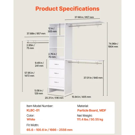 VEVOR Closet System with 3 Drawers, Adjustable Height Wooden Closet Organizers, Modern Walk-in Wardrobe Organization with 3 Retr