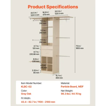 VEVOR skabssystem med 2 skuffer, justerbar højde i træ skabsarrangører, moderne walk-in garderobe med 5 retr.