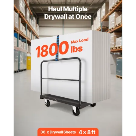 VEVOR Drywall Cart Dolly, 816 kg Load Capacity, 2-in-1 Steel Panel Truck Cart with 12.5 mm Swivel Casters, 91.4 x 61 cm Platform