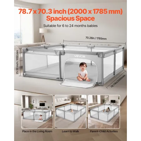 VEVOR Baby Playpen, 2000 x 1785mm Extra Large Playpen for Babies Toddlers, Indoor/Outdoor Baby Fence Play Yard, No-Gap Safety Ac
