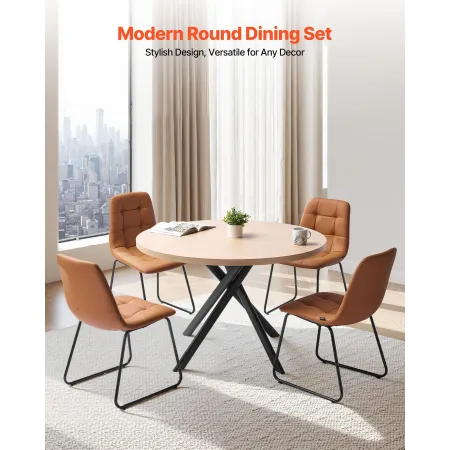 VEVOR 5-Piece Dining Table Set, Space-Saving Round Kitchen Table with 4 Upholstered Orange Chairs, PU Leather Cushions, Modern W