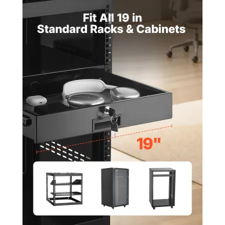 VEVOR 2U Rack Mount Drawer, 22.68 kg Max Load-Bearing, Lockable Server Cabinet Case, Sliding Drawer with Lock and Cable Manageme