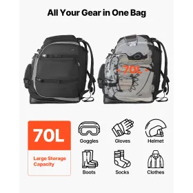 VEVOR Ski Boot Bag, 70L, Snowboard Boots Travel Backpack for Men Women, with Waterproof Exterior & Bottom, Durable 1680D Oxford,