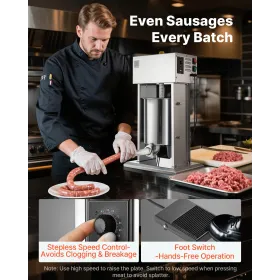 VEVOR elektrisk pølsestopper, 22 LBS / 10 L lodret kødfyld, trinløs hastighedskontrol og fodpedal, rustfrit stål Heav