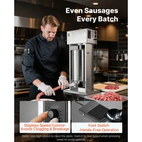 Electric Sausage Stuffer, 33 LBS / 15 L Vertical Meat Stuffer, Stepless Speed Control and Foot Pedal, Stainless Steel Heavy Duty