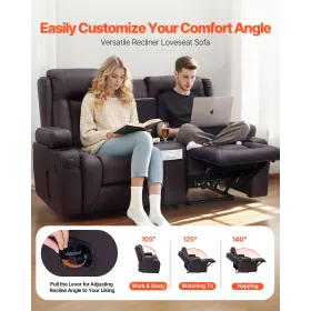 Loveseat Recliner Sofa, Manual Reclining Couch with Center Console, PU Faux Leather Recliner Sofa with USB Ports, Cup Holders an