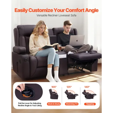 VEVOR Loveseat hvilesofa, manuel hvilesofa med midterkonsol, PU imiteret læder hvilesofa med USB-porte, kopholder