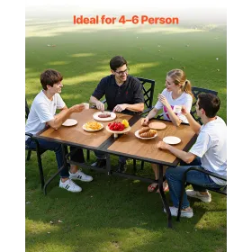 Outdoor Patio Dining Table, 150cm Long Rectangular Wood-Like Steel Slat Backyard Bistro Tables for 4-6, with 38mm Umbrella Hole,