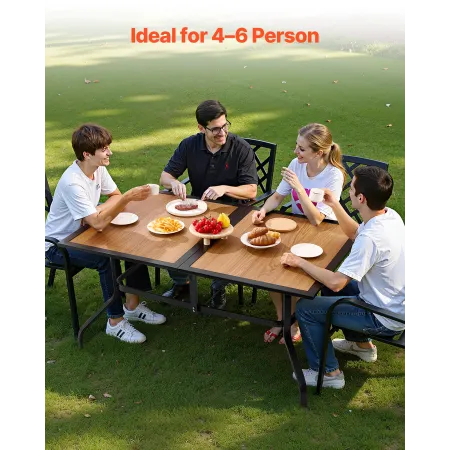 Outdoor Patio Dining Table, 150cm Long Rectangular Wood-Like Steel Slat Backyard Bistro Tables for 4-6, with 38mm Umbrella Hole,
