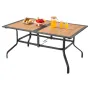 Outdoor Patio Dining Table, 150cm Long Rectangular Wood-Like Steel Slat Backyard Bistro Tables for 4-6, with 38mm Umbrella Hole,