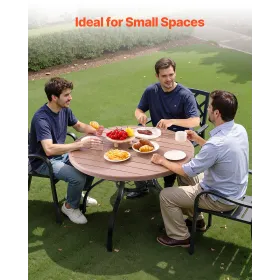 Outdoor Patio Dining Table, 103cm Round Wood-Like Steel Slat Backyard Bistro Coffee Tables for 4, with 38mm Umbrella Hole, Outsi