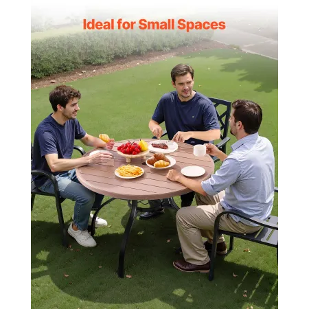 Outdoor Patio Dining Table, 103cm Round Wood-Like Steel Slat Backyard Bistro Coffee Tables for 4, with 38mm Umbrella Hole, Outsi
