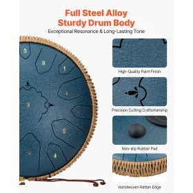 VEVOR Steel Tongue Drum, 33cm 15 Notes Rain Drum for Outside Garden, C Major Musical Drums with Music Book & Mallets, Percussion