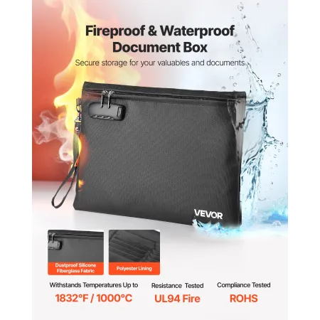 VEVOR Fireproof Document Bag, 1000 ℃ Heat Insulated Fireproof & Waterproof Bag with Lock, Portable File Storage Security Organiz