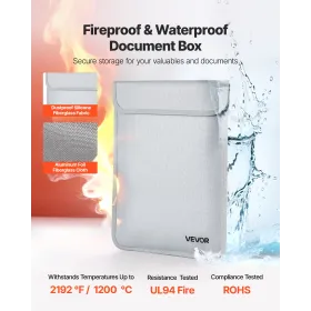 VEVOR Fireproof Document Bag, 1200 ℉ Heat Insulated Fireproof & Waterproof Bag with Smooth Zipper, Portable File Storage Organiz