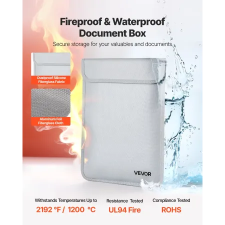 VEVOR Fireproof Document Bag, 1200 ℉ Heat Insulated Fireproof & Waterproof Bag with Smooth Zipper, Portable File Storage Organiz