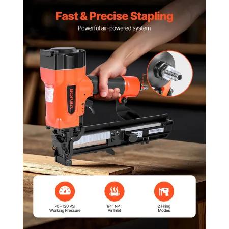 VEVOR Pneumatic Staple Gun, 16 Gauge 26.4mm Wide Crown Pneumatic Stapler 16mm to 38mm Length, 70-120PSI Air Staple Gun with Two 