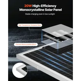 VEVOR 20W 12V Solar Battery Trickle Charger Maintainer, Mono Solar Panel Batterioplader med indbygget MPPT Controller & Adjusta