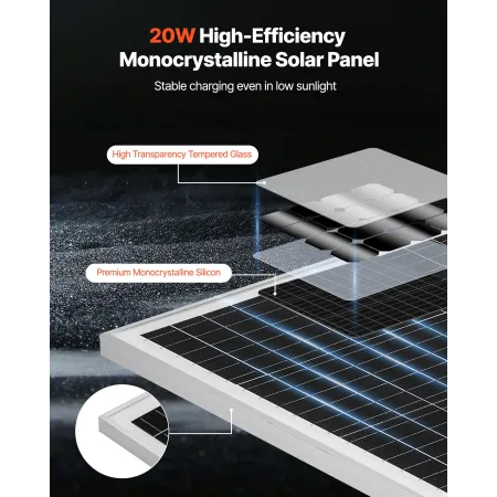 VEVOR 20W 12V Solar Battery Trickle Charger Maintainer, Mono Solar Panel Batterioplader med indbygget MPPT Controller & Adjusta
