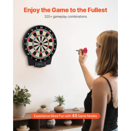 VEVOR elektronisk dartskive, 391 mm dartskive med 43 spil og 320+ variationer for op til 8 spillere, 6 dartskafter med flig