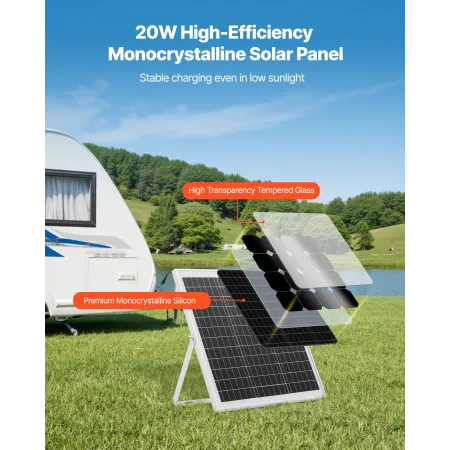 VEVOR 20W 12V Solar Panel Batterioplader, Solar Battery Trickle Charger Maintainer med Intelligent MPPT Controller & Justerbar