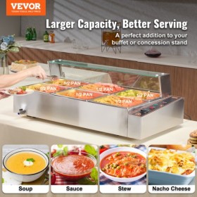 Commercial Electric Food Warmer Countertop Buffet 6*8Qt with Glass Shield