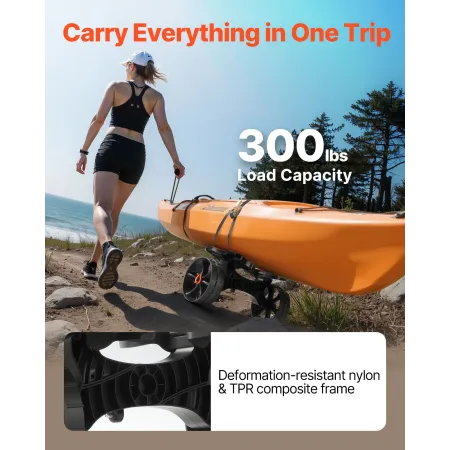 Kayak Cart, 136.1 kg Load Capacity, Foldable Kayak Trolley with 25.4 cm Solid Rubber Tires & 1 Ratchet Strap, Paddle Board Troll