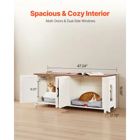 Cat Litter Box Enclosure for Multi Cats, 120 cm Hidden Litter Box Cabinet with 4 Doors & 2 Entries, Indoor Cat Washroom, Wooden 