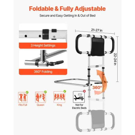VEVOR Bed Rail for Elderly, Foldable & Extendable Bedside Assist Rail with Side Handles & PU Handrail, Adjustable Height Carbon 