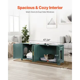Cat Litter Box Enclosure for Multi Cats, 120 cm Hidden Litter Box Cabinet with 4 Rattan Doors & 2 Entries, Indoor Cat Washroom, 