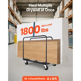 VEVOR Drywall Cart Dolly, 816 kg Load Capacity, Steel Panel Truck Cart with 12.5 mm Swivel Casters, Lumber Drywall Dolly with wi