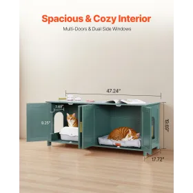 VEVOR Cat Litter Box Enclosure for Multi Cats, 120cm Hidden Litter Box Cabinet with 4 Doors & 2 Entries, Indoor Cat Washroom, Wo