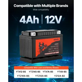 Motorcycle Battery, 12 Volt 4Ah, LiFePO4 Lithium Pre-Charged Powersports Battery, Maintenance Free & High Performance, Compatibl
