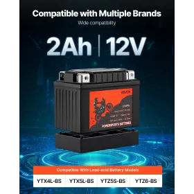 Motorcycle Battery, 12 Volt 2Ah, LiFePO4 Lithium Pre-Charged Powersports Battery, Maintenance Free & High Performance, Compatibl