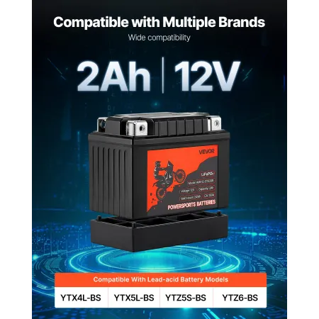 VEVOR Motorcykelbatteri, 12 Volt 2Ah, LiFePO4 Lithium Pre-charged Powersports Batteri, Vedligeholdelsesfri og høj ydeevne, Com