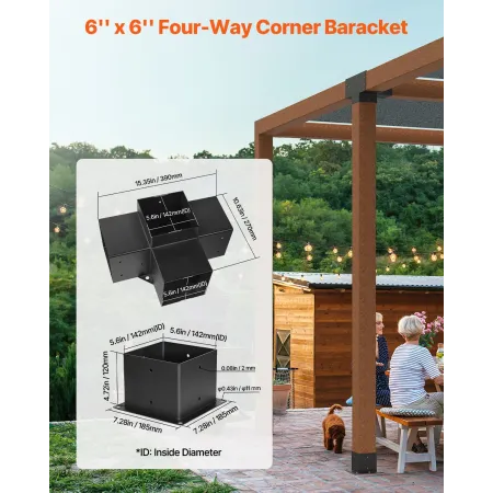 VEVOR Pergola Bracket Kit, 6x6 Inch (Inner Size 142 x 142 mm), 2 Pcs 4-Way Heavy Duty Corner Bracket Woodworks DIY Post Base Kit