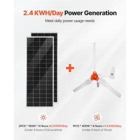 12V 600W Solar Wind Power Kit, 2PCS 100W Monocrystalline Panel + 400W Wind Turbine & Controller + 12.8V 100Ah LiFePO4 Battery + 