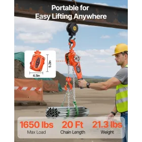 VEVOR Manual Lever Chain Hoist, 3/4T 750KG Capacity Heavy Duty Come Along, 6M Lift G80 Alloy Steel Chain With Dual Pawl Mechanic