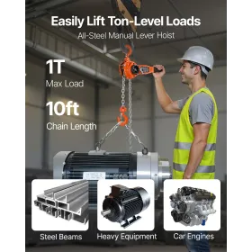 VEVOR manuel kædetalje, 1T 1000KG Kapacitet Heavy Duty Comeong, 3M Lift G80 legeret stålkæde med dobbelt pal Mechanica