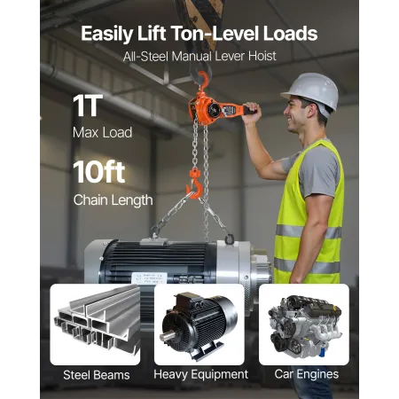 VEVOR manuel kædetalje, 1T 1000KG Kapacitet Heavy Duty Comeong, 3M Lift G80 legeret stålkæde med dobbelt pal Mechanica
