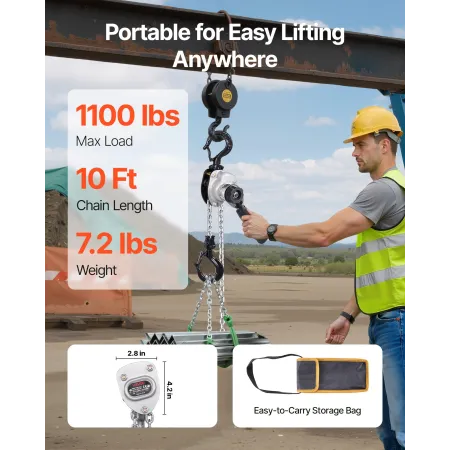 VEVOR manuel kædetalje, 1/2T 500KG Kapacitet Heavy Duty Comeong, 3M Lift G80 legeret stålkæde med dobbelt palmekaniker