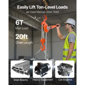 Manual Lever Chain Hoist, 6T 6000KG Capacity Heavy Duty Come Along, 6M Lift G80 Alloy Steel Chain With Dual Pawl Mechanical Brak