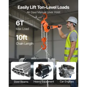 VEVOR manuel kædetalje med håndtag, 6T 6000KG Kapacitet Heavy Duty Comeong, 3M Lift G80 legeret stålkæde med dobbelt pal